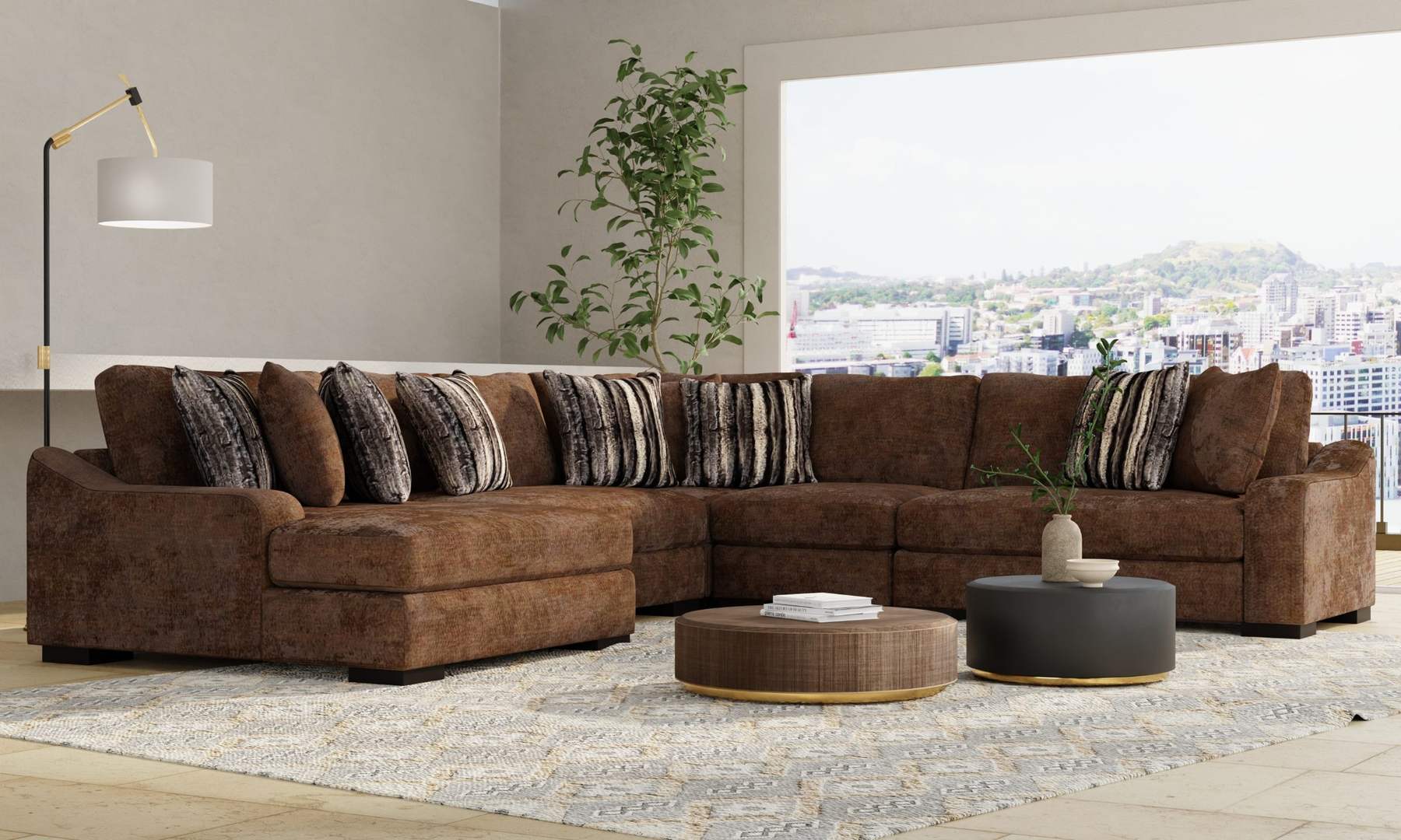 Brown sectional with a city view