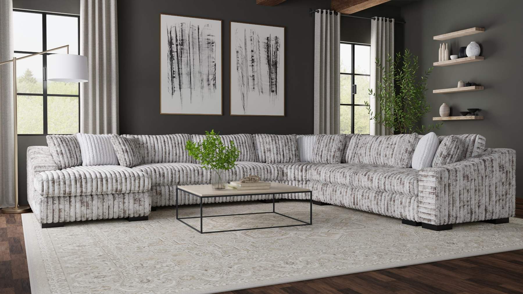 Striped sectional in a gallery living room